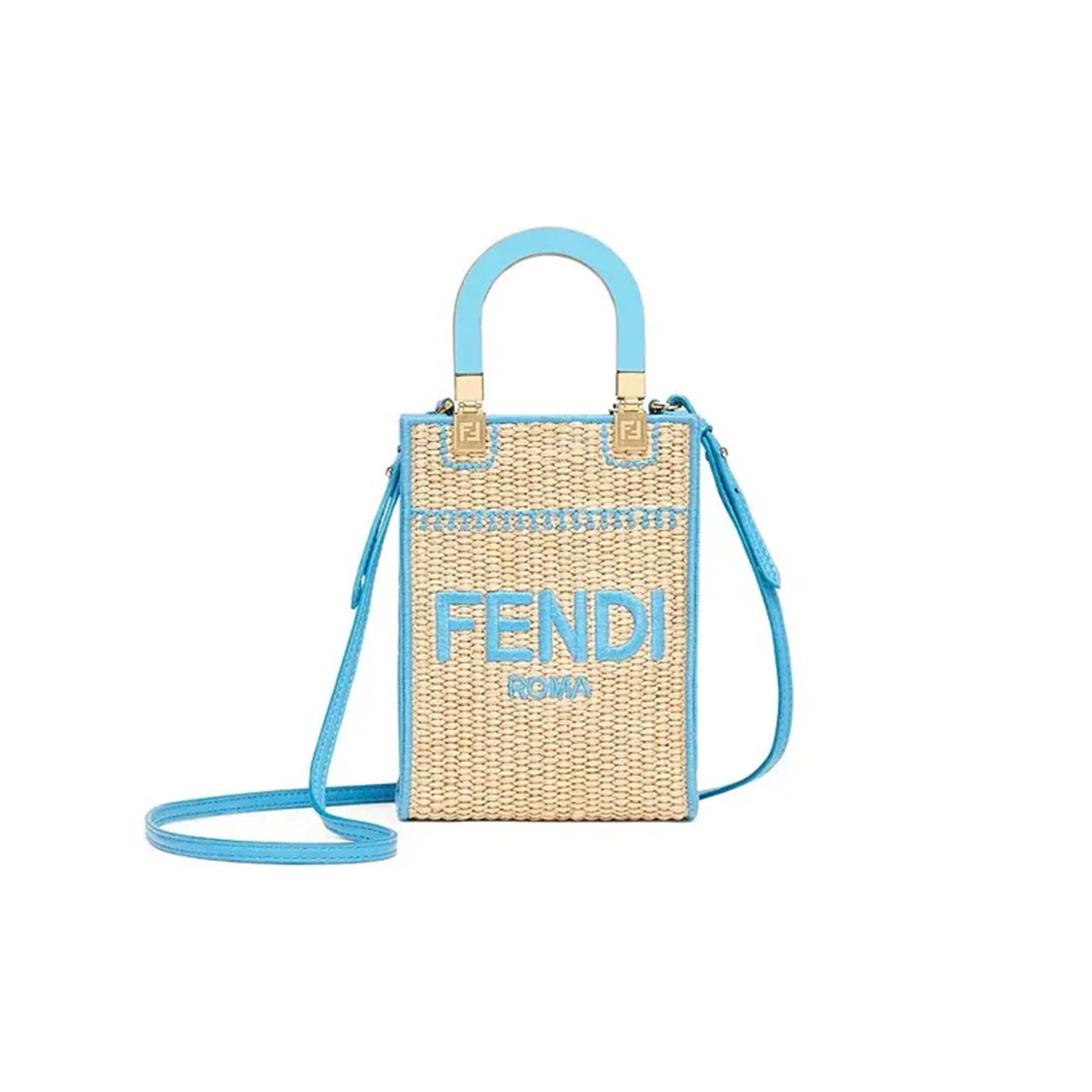 FENDI SUNSHINE MINI STRAW & LEATHER TOTE 8BS051AFQPF1ELX (18*13*6cm)